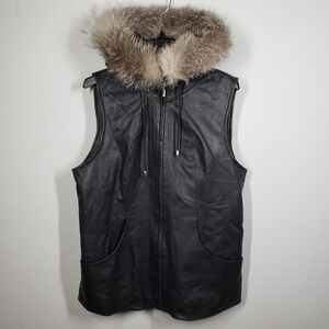 Damselle New York Leather Vest Black Faux Fur Trim Hooded Sleeveless Size Small
